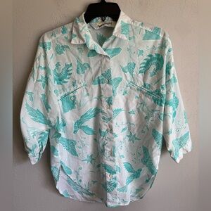 Diane Von Furstenberg White Teal Bird Print Button Down Blouse Womens S Sheer